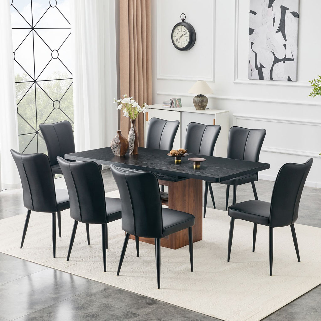 Expandable Dining table and chair set, 59-71 inch pull-out table,Paired With 8 Black PU chairs with a vertical stripe design on the backrest. Suitable for dining rooms,office,etc.