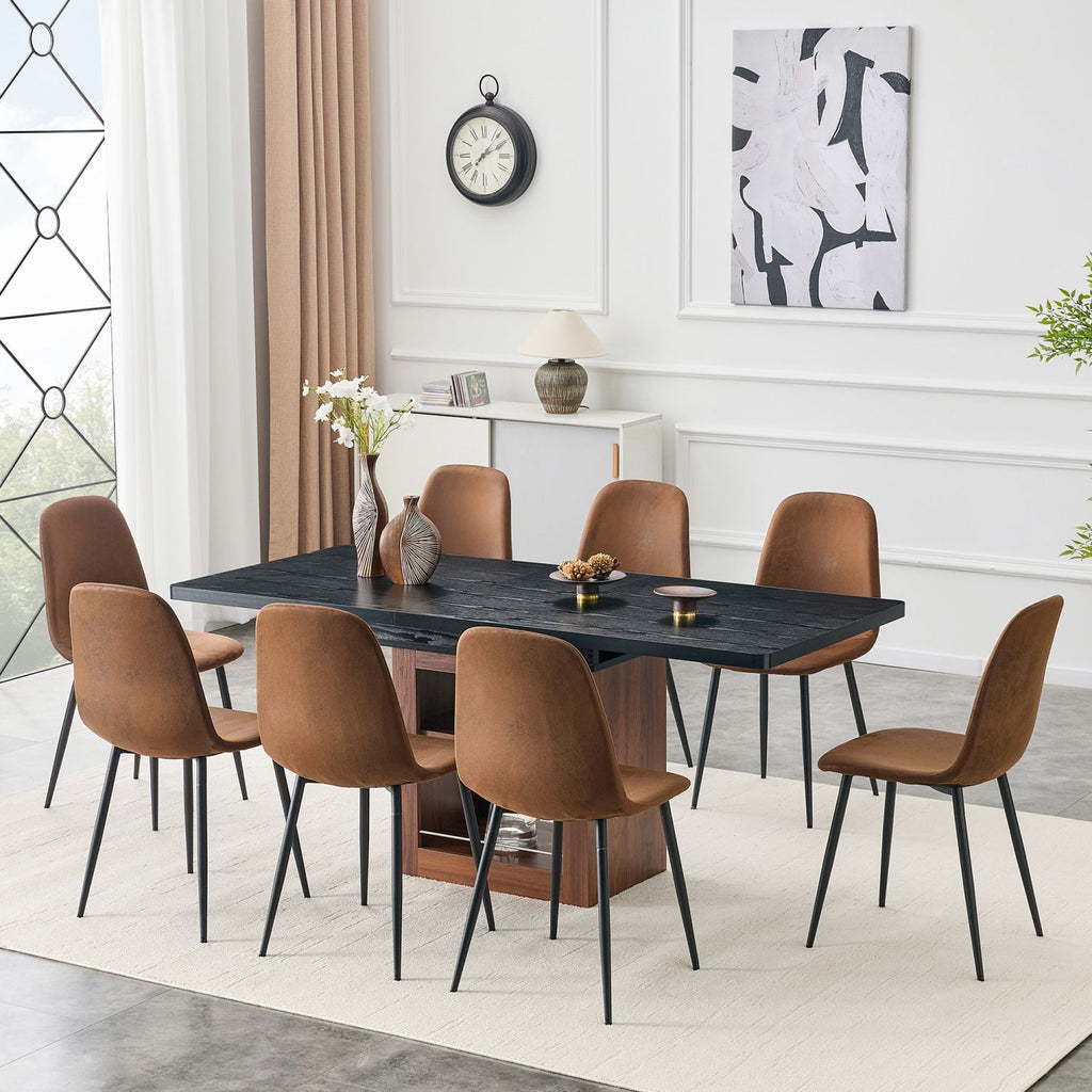 Expandable Dining table and chair set, 59-71 inch pull-out table,Paired With 8 Comfortable Technology-Fabric Brown Chairs With Black Metal Legs.Suitable for restaurants, kitchens, etc.