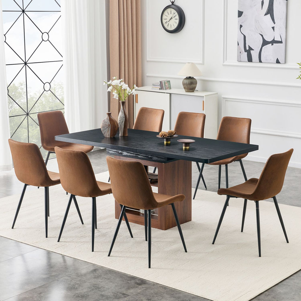 Expandable Dining table and chair set, 59-71 inch pull-out table,Paired With 8 Comfortable Technology-Fabric Brown Chairs With Curved Widened Cushion Design.Suitable for dining rooms,office,etc.
