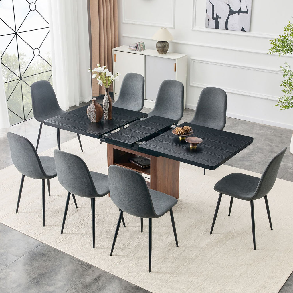 Expandable Dining table and chair set, 59-71 inch pull-out table,Paired With 8 Dark Gray Linen-Cotton Material chairs, modern light luxury restaurant furniture.Suitable for restaurants, kitchens, etc.