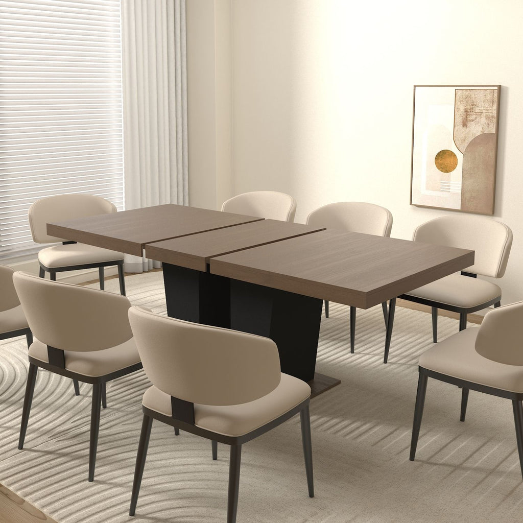 Extendable Dining Room Table for 4-10 People,Wooden Transformer Kitchen Dining Table with Black Double Sturdy Pedestal Base, Modern Expandable Large Table