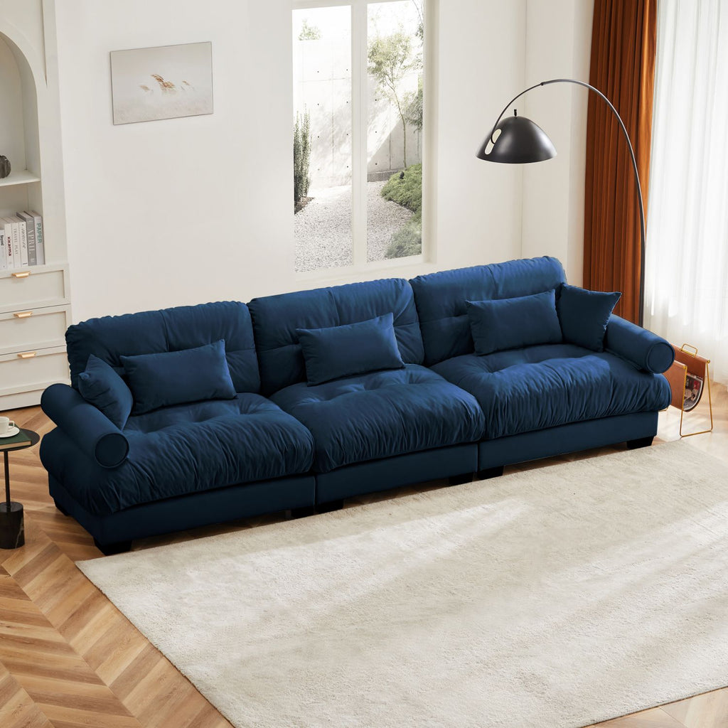 Extra Large 3 Seat Modern Velvet Sofa, Oversize Sofa, Clould Like Comfortable Seat and Back Support, With Waist Pillows and Throw Pillows, Blue
