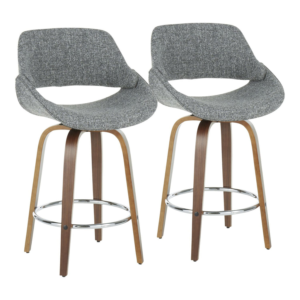 Fabrico Mid-Century Modern Counter Stool in Walnut and Grey Noise Fabric by - Set of 2