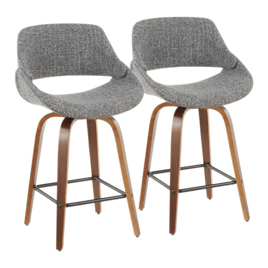 Fabrico Mid-Century Modern Counter Stool in Walnut and Grey Noise Fabric by - Set of 2