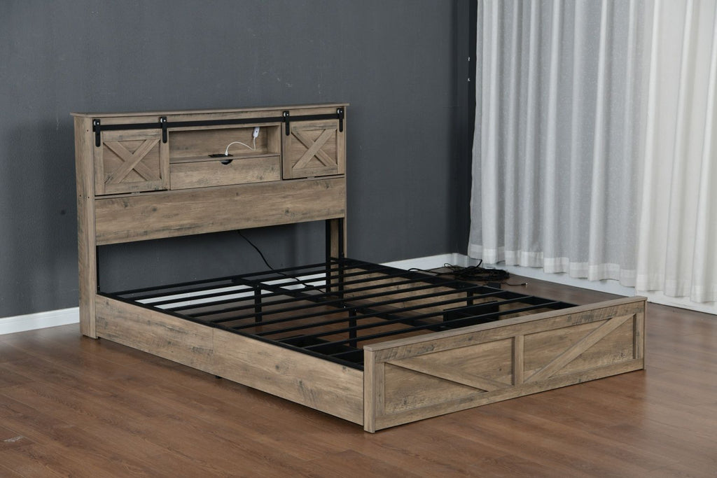 Farmhouse Bed Frame Queen Size with LED Lights and Charging Station, Wooden Queen Bed with 2 Storage Drawers, Rustic Headboard with Sliding Barn Door Storage Cabinets