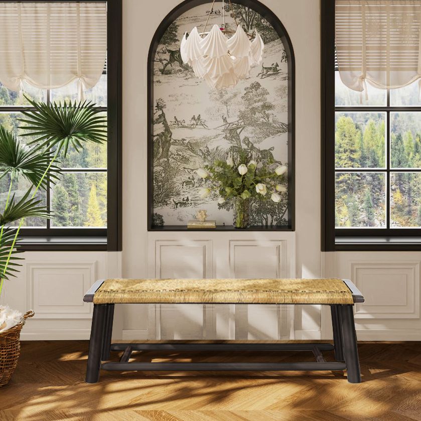 Farmhouse Modern Solid Wood Rattan Bench - 59 Inch Indoor & Covered Outdoor Bench Walnut Finish Multi-Functional Design