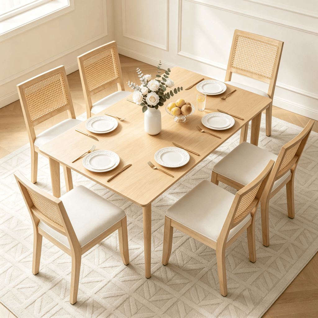Farmhouse Rattan Dining Chairs Set of 2, Mid Century Modern Kitchen & Dining Room Chairs, Cane Low Back, with Natural Solid Wood Frame, Beige
