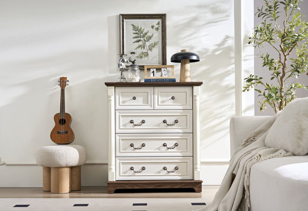 Farmhouse Style 5 Drawer Dresser Chest with Base Wooden Rustic Chest of Drawers, Storage Dresser Organizer for Bedroom, Living Room, Beautiful Sturdy and Durable