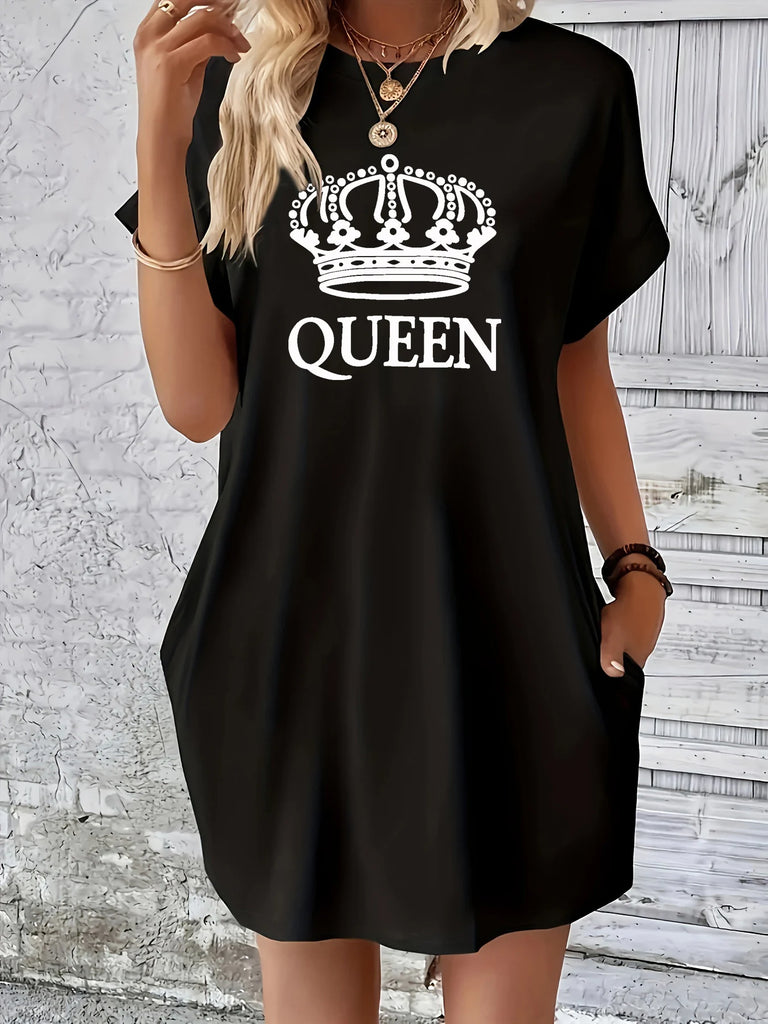 Women's Summer Loose Queen Letter Crown Print Round Neck Short Sleeve Pocket Dress for Casual Comfort and Plus Size Fit