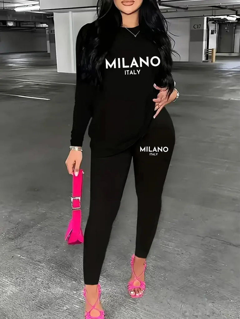 Oversized Black Milano Print T-Shirt and Long Pant Two-Piece Set for Women with Paris Graphic and Round Neck Long Sleeves