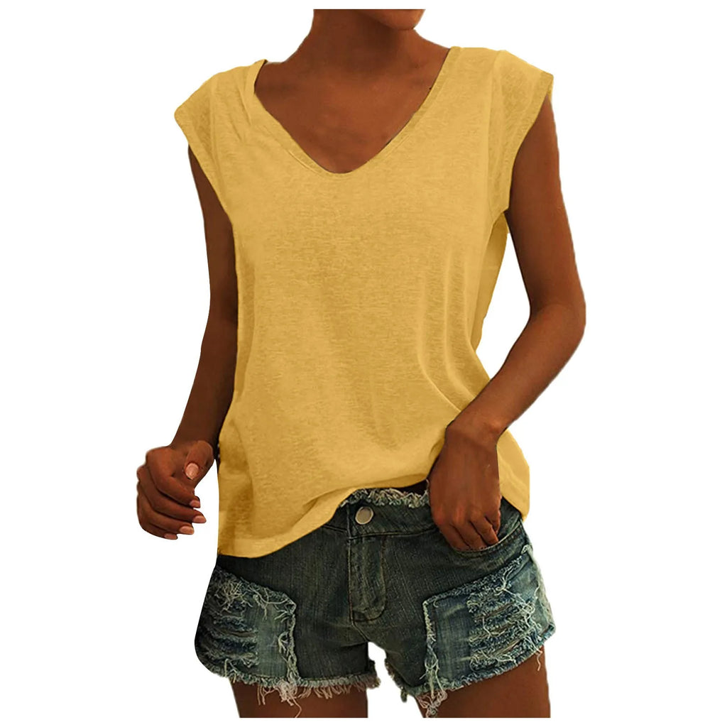 Women's V-Neck Casual Cap Sleeve T-Shirt Loose Fit Solid Color Soft Cotton Blend Blouse Tank Top for Everyday Wear