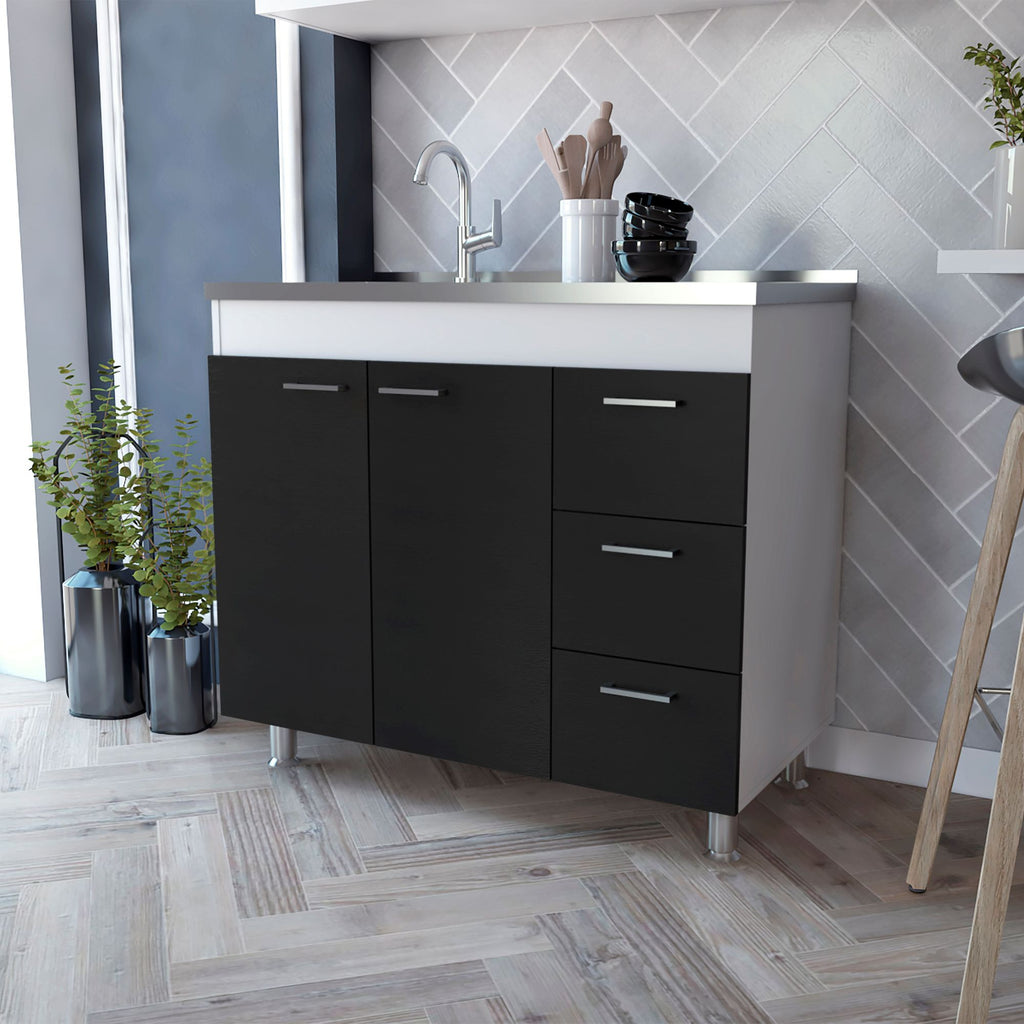 Ferretti Base Cabinet , Three Drawers, Double Door, Four Legs -White / Black
