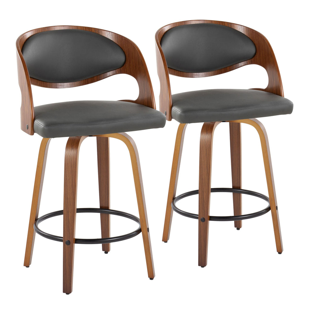 Fixed-Height Counter Stool with Swivel in Walnut Wood and Grey Faux Leather with Round Black Metal Footrest - Set of 2
