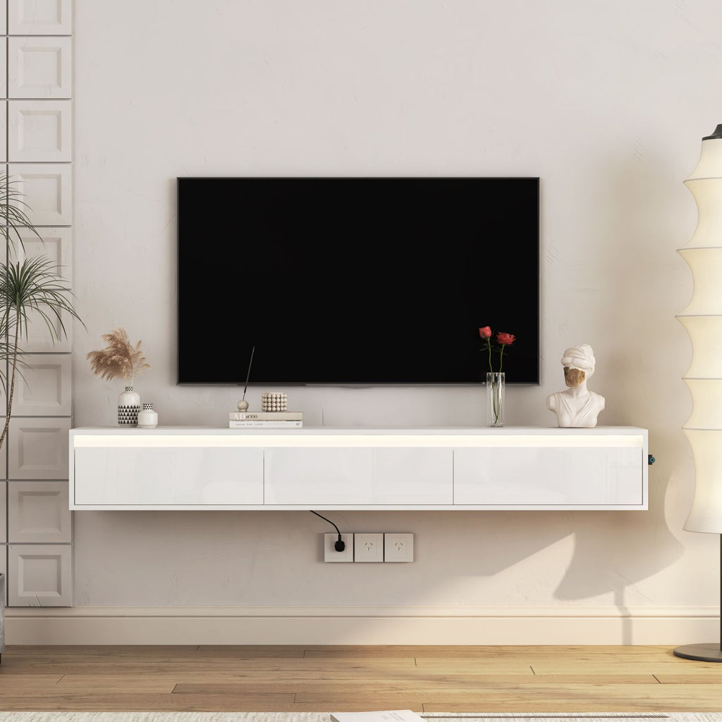 Floating TV Stand, Wall Mounted TV Shelf with Led Lights & Power Outlet, Cabinet for tv Stands for Living Room