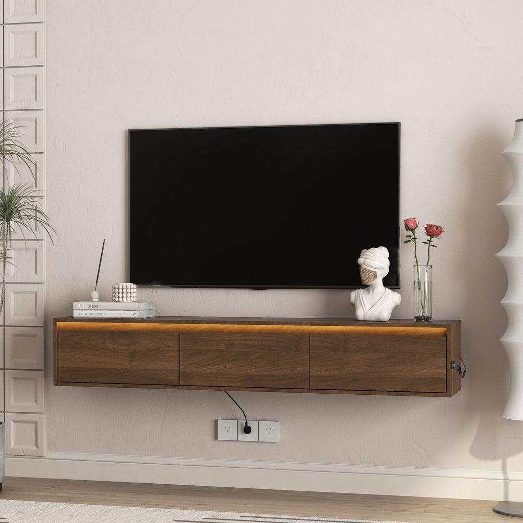 Floating TV Stand, Wall Mounted TV Shelf with Led Lights & Power Outlet, Cabinet for Wood tv Stands for Living Room