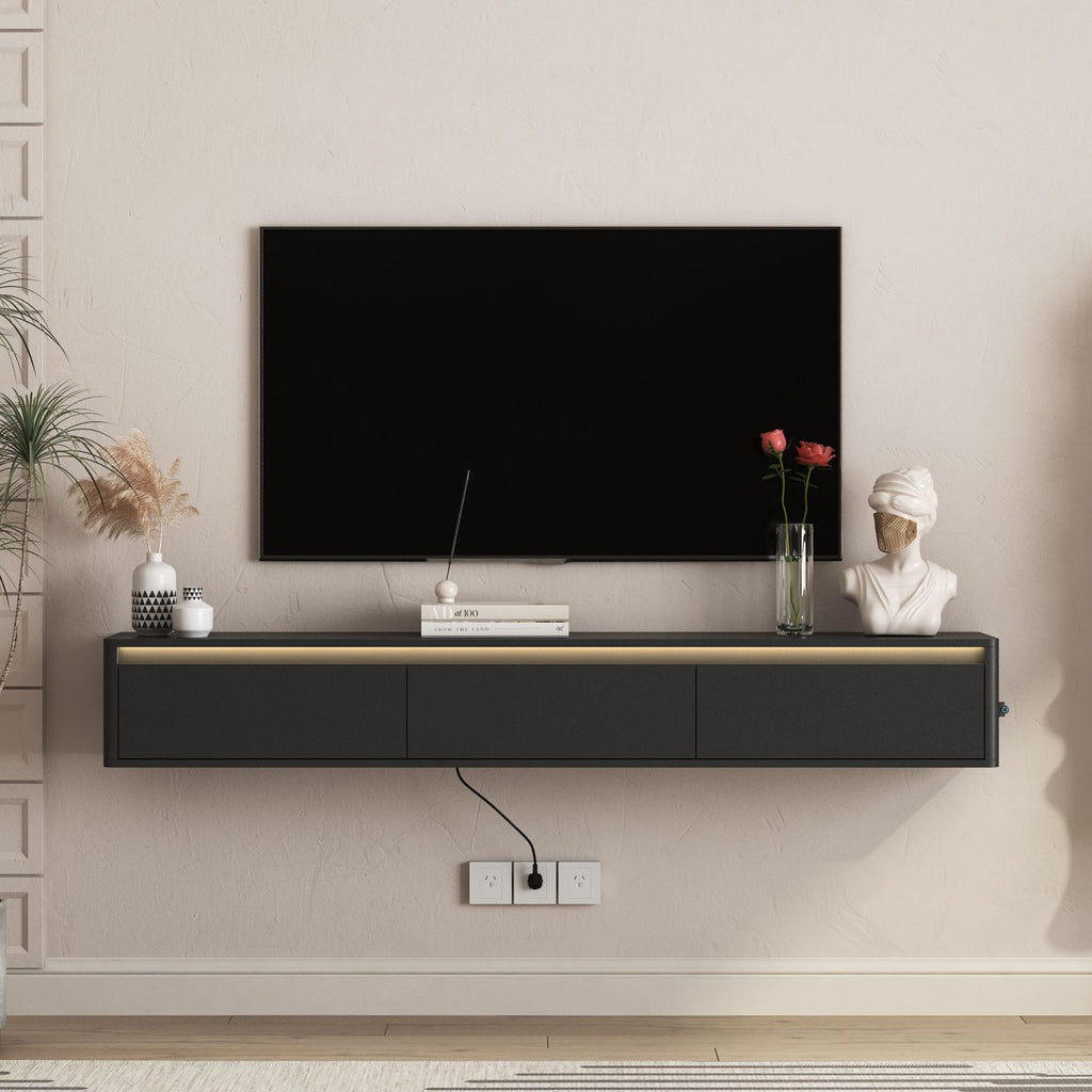 Floating TV Stand, Wall Mounted TV Shelf with Led Lights & Power Outlet,High TV Cabinet for Black tv Stands for Living Room