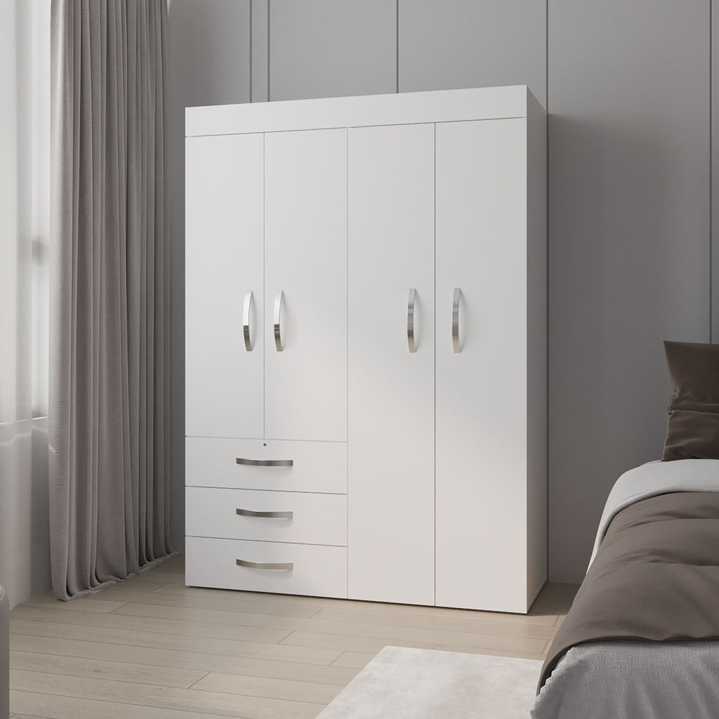 FM FURNITURE Laurens 4-Door Wardrobe with Drawers and Shelves, Multistorage, Spacious Design, White