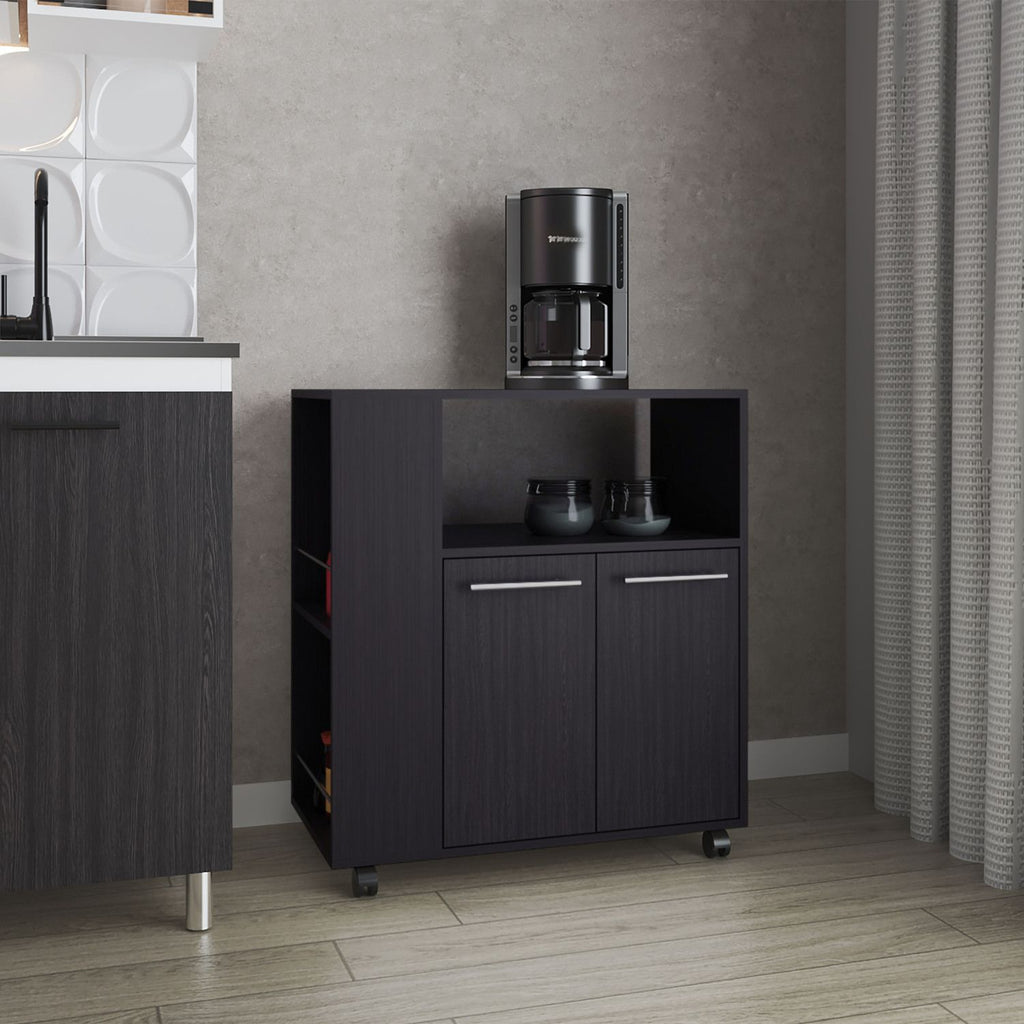 FM FURNITURE Linden Kitchen Cart with Microwave Shelf. Open Storage. and Two-Door Cabinet. Wengue