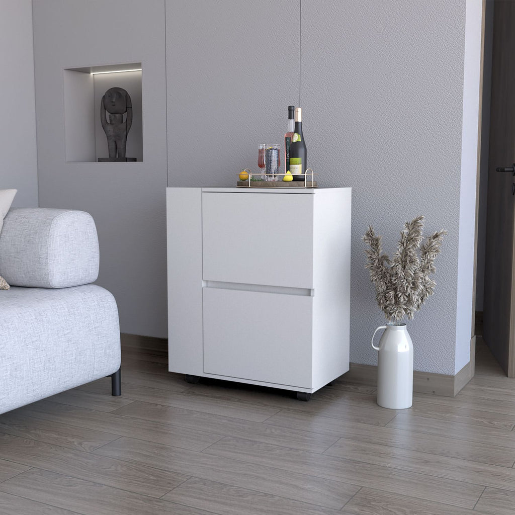 FM FURNITURE Logan Bar Cart with Two Cabinets and Open Shelves, White