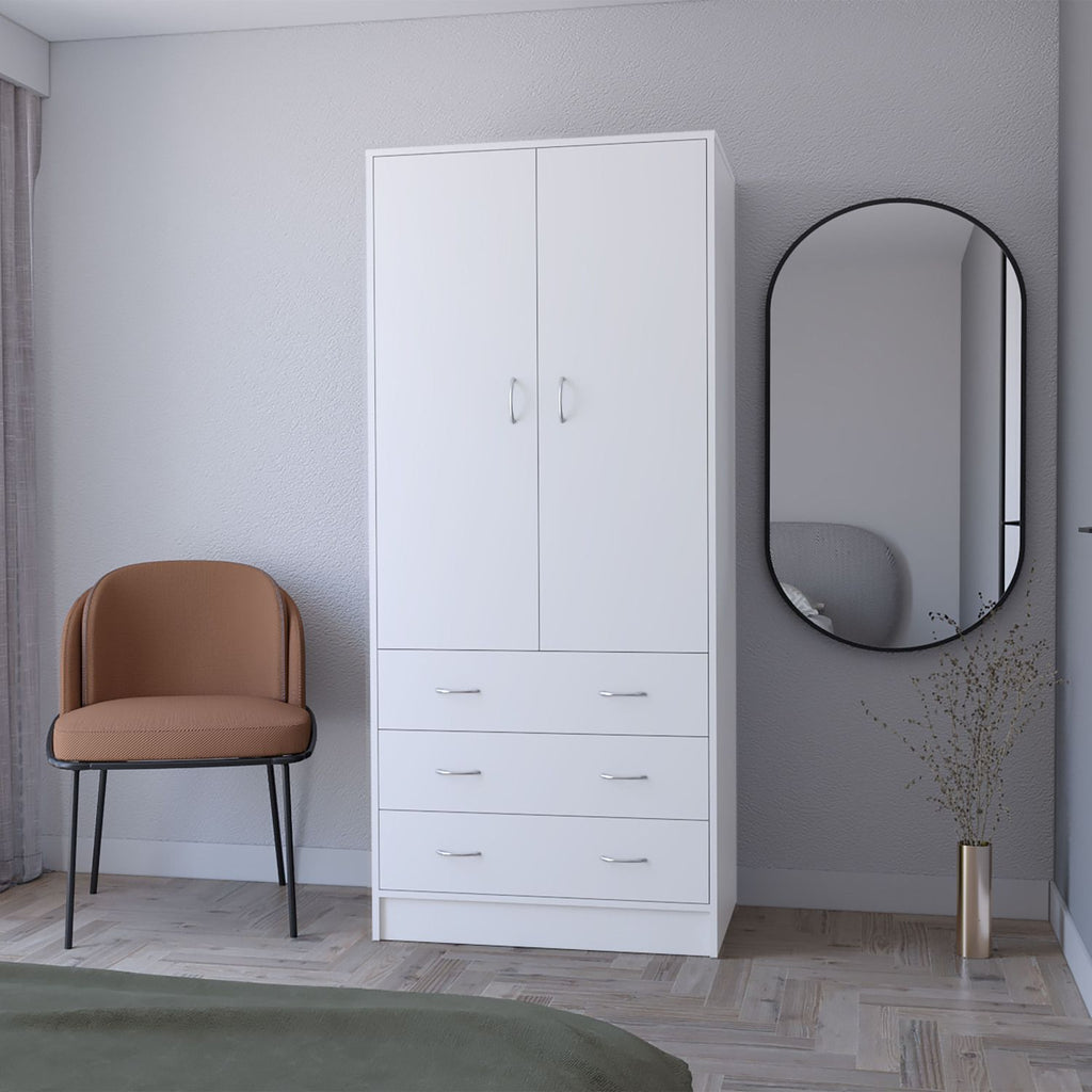 FM FURNITURE Prescott Armoire, with 2 doors, 3 drawers and 1 hanging rod, White