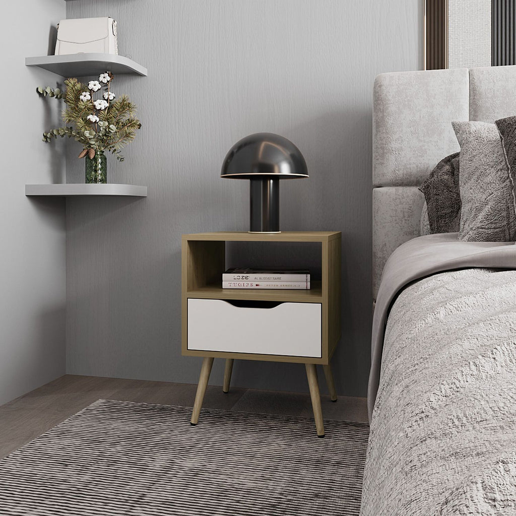 FM FURNITURE Prescott Valley Nightstand with Open Storage, Natural Oak and White