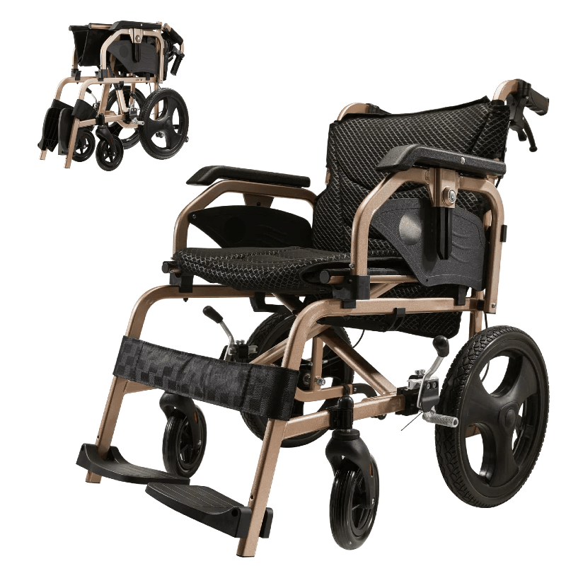 Foldable lightweight wheelchair. Equipped with double hand brakes. Adult wheelchair. Weighs only 27 lbs. Reversible and height adjustable armrests (15" rear wheels). Color Champagne gold