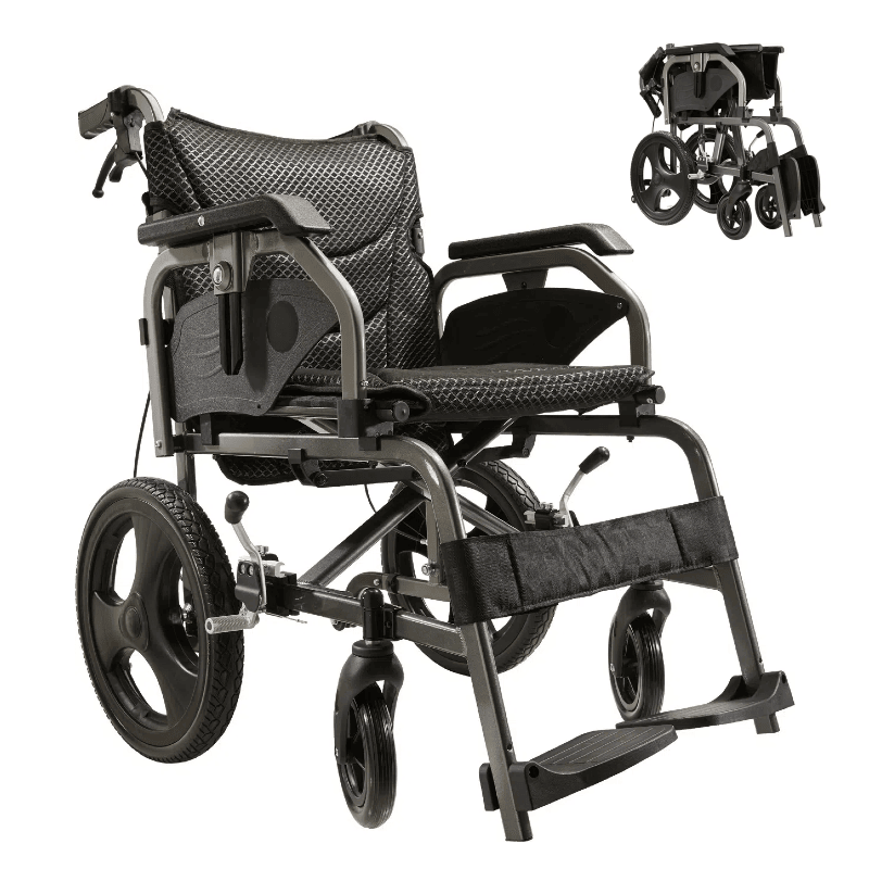 Foldable lightweight wheelchair. Equipped with double hand brakes. Adult wheelchair. Weighs only 27 lbs. Reversible and height adjustable armrests (15" rear wheels). Color Nanometer Grey