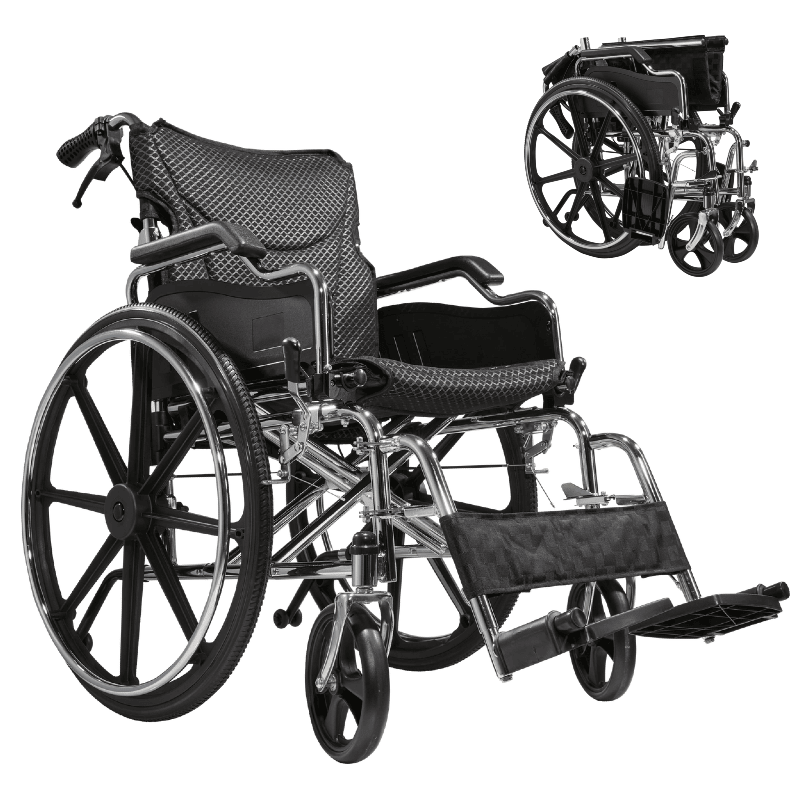Folding Manual Transport Wheelchair, 18" Seat With Front and Rear Locking Hand Brakes, 24" Quick Release Rear Wheels,Bright Silver