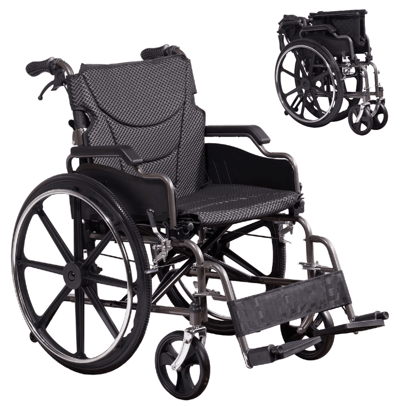 Folding Manual Transport Wheelchair, 20 " Seat With Front and Rear Locking Hand Brakes, 24 " Quick Release Rear Wheels,Nanometer Grey