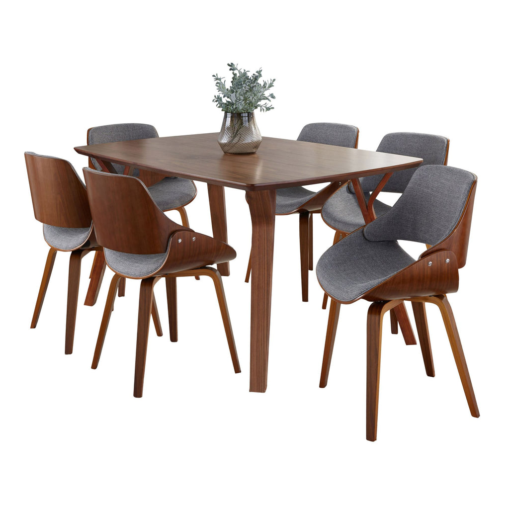 Folia Fabrizzi Mid-Century Modern Dining Set in Walnut Wood and Grey Fabric by - 7 Piece