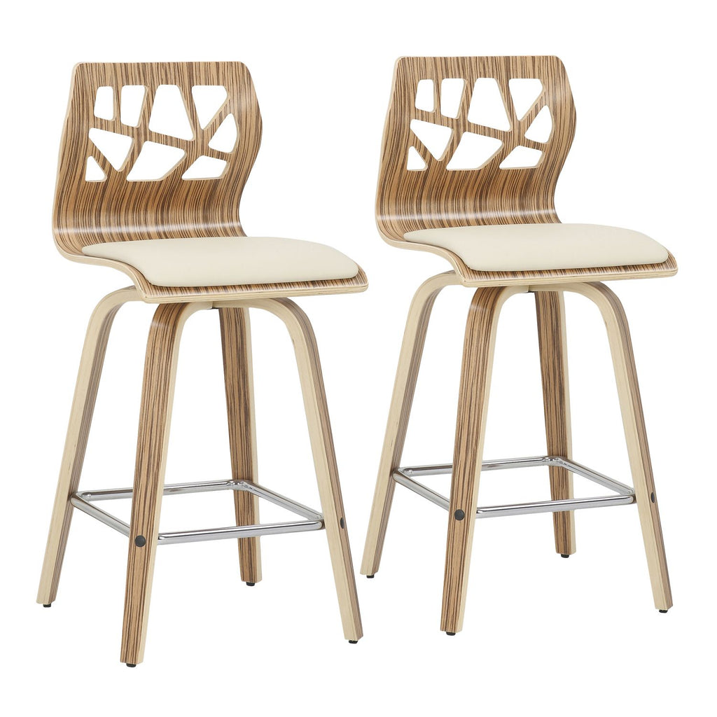 Folia Mid-Century Modern Counter Stool in Zebra Wood and Cream Faux Leather by - Set of 2