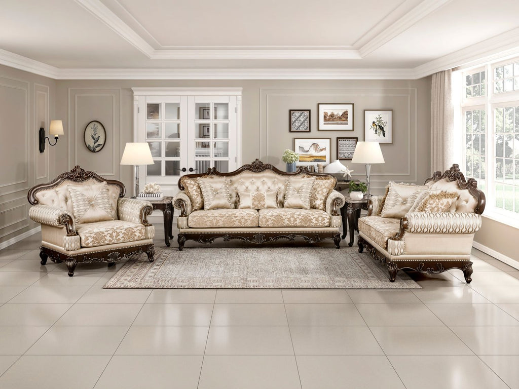 Formal Traditional Luxury Sofa Set 3pc Sofa Loveseat Chair Cherry Finish with Gold Tipping Solid Wood Living Room Furniture