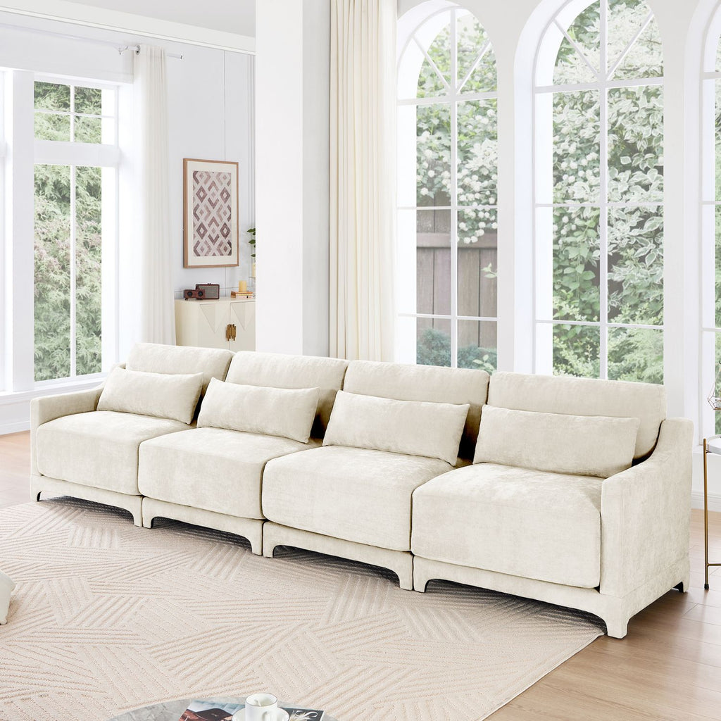 Four - seater chenille sofa with lumbar pillow,Ergonomic, solid wood frame, high - resilience sponge, easy install,Suits hotels, lounges,Beige