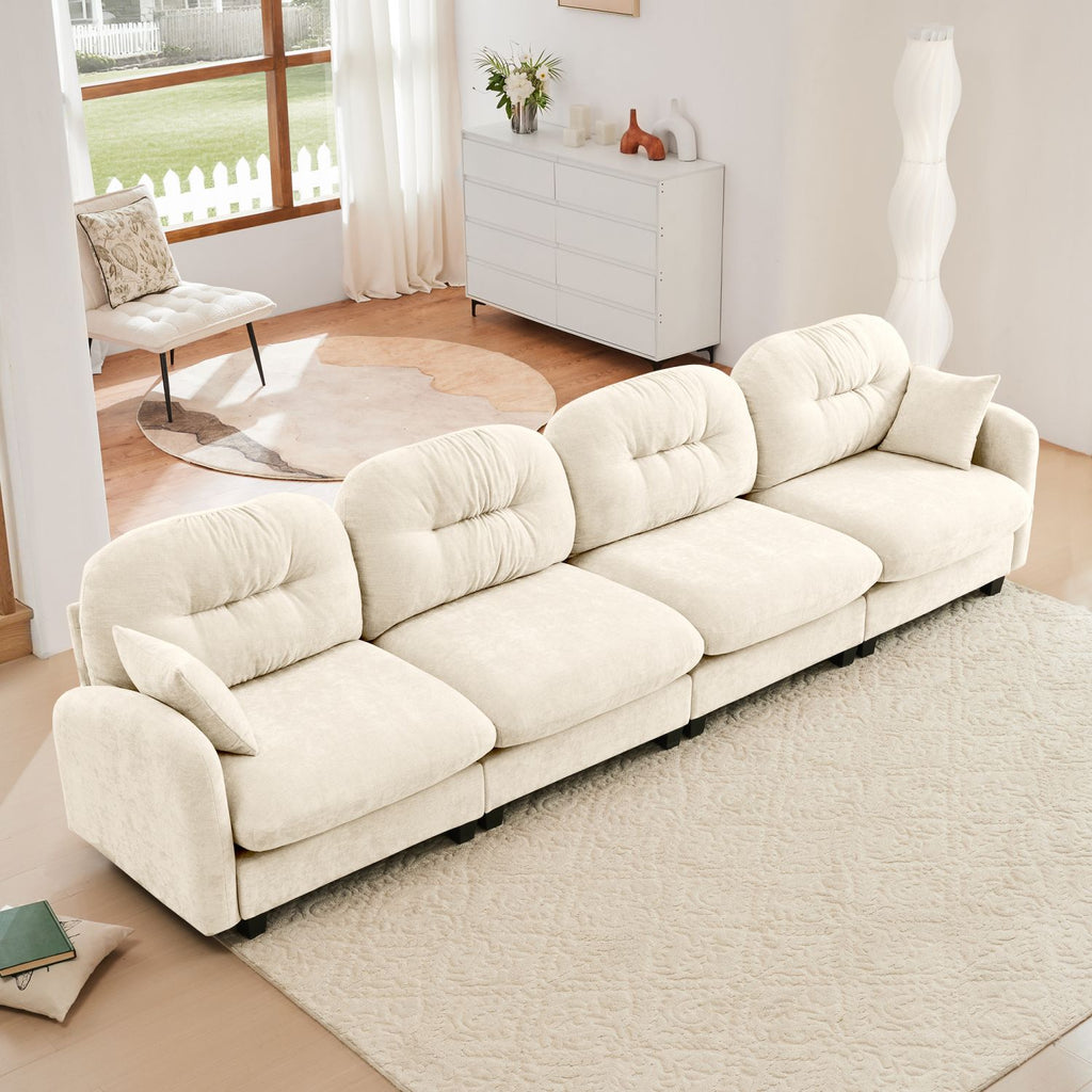 Four - Seater Modular Sectional Couch,Premium Chenille Fabric,With 2 Throw Pillows,Quilted Pleated Design,High-Density Foam Easy Install,Fits Bedrooms,Living Rooms,Reading Nooks,Beige