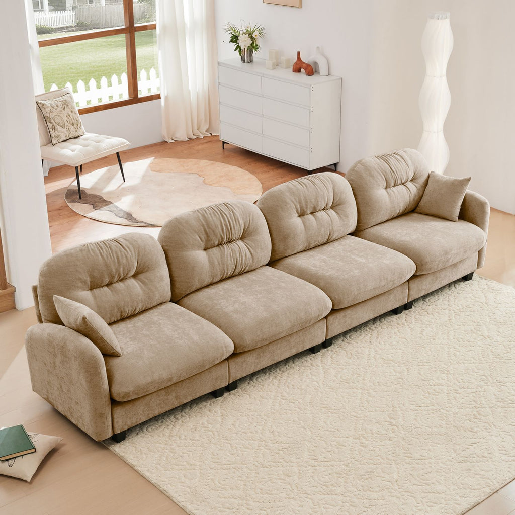 Four - Seater Modular Sectional Couch,Premium Chenille Fabric,With 2 Throw Pillows,Quilted Pleated Design,High-Density Foam Easy Install,Fits Bedrooms,Living Rooms,Reading Nooks,Camel