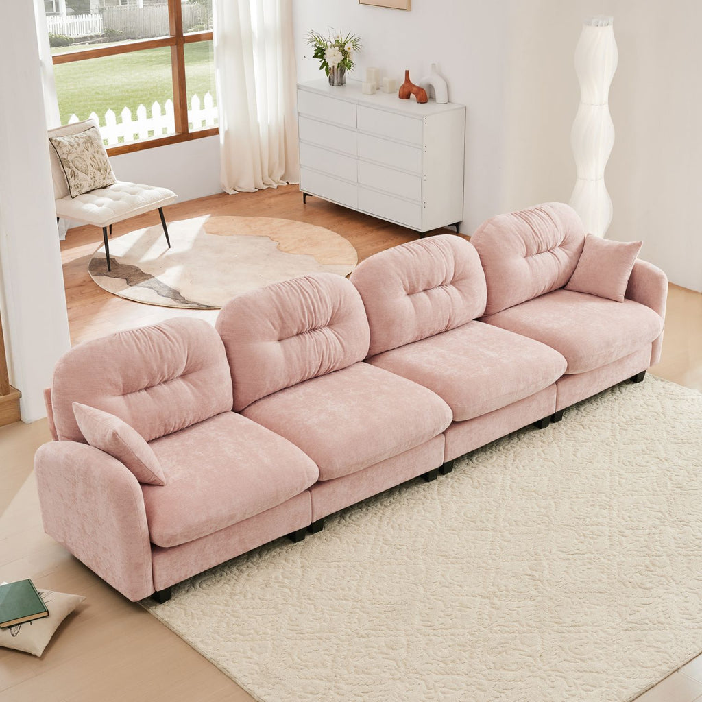 Four - Seater Modular Sectional Couch,Premium Chenille Fabric,With 2 Throw Pillows,Quilted Pleated Design,High-Density Foam Easy Install,Fits Bedrooms,Living Rooms,Reading Nooks,Pink