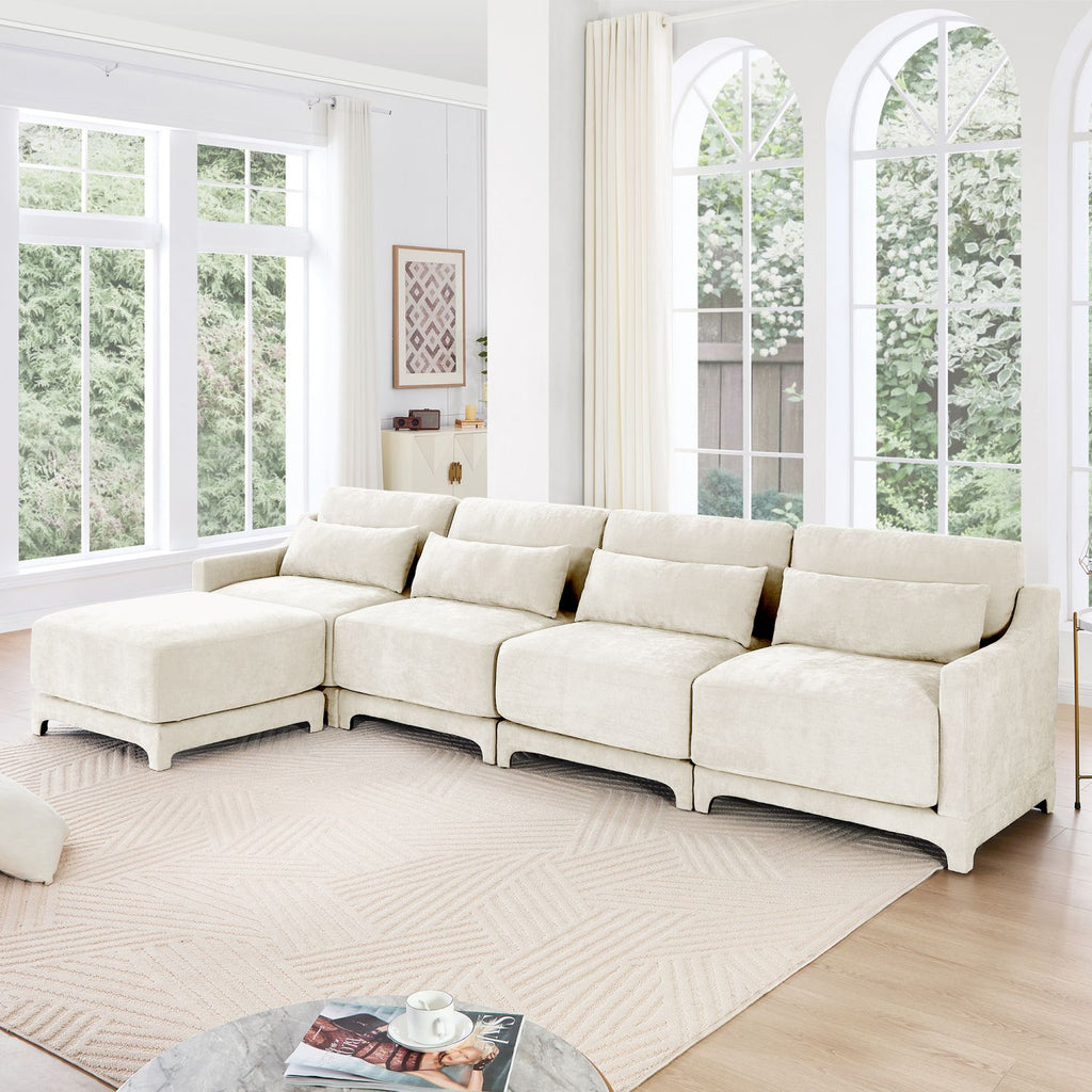 Four - seater sofa, 1 movable ottoman, Chenille fabric, high - quality wooden base, ergonomic, High - resilient sponge, easy install, Suits studies, living rooms, lounges,White