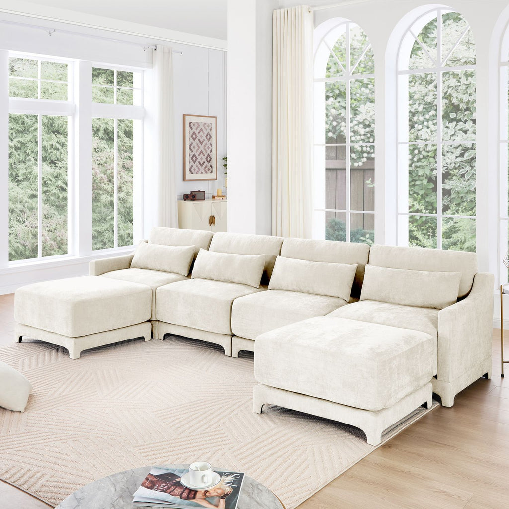 Four - seater sofa, 1 movable ottoman, lumbar pillow,Chenille fabric,solid wood frame, ergonomic,High - resilient sponge, elegant armrests, easy install. Suits living rooms, hotels, lounges,Beige
