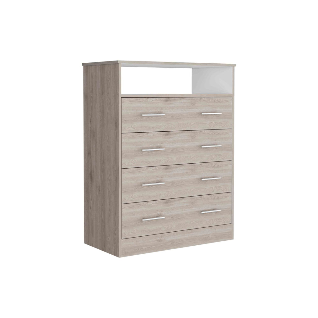Four Drawer Dresser, Superior Top, One Open Shelf, Light Gray / White