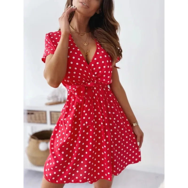Summer Women's Polka Dot Print Short Sleeve Casual Dress with V-Neck and Belt for Holidays and Daywear
