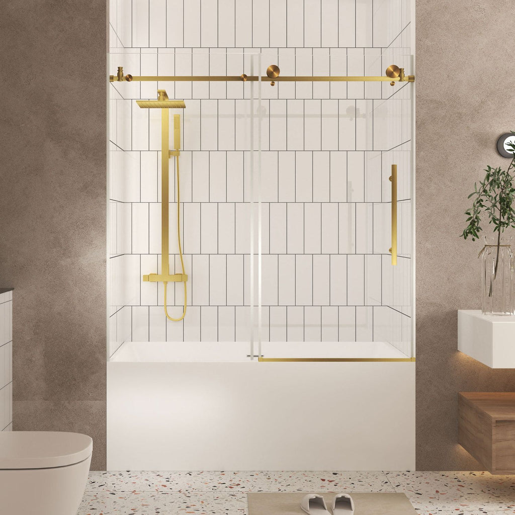 Frameless shower door 60 "W x 60" H, 1/4 "(6 mm) Clear Tempered Glass, Explosion Proof Film, Stainless Steel Handle,Brushed Gold