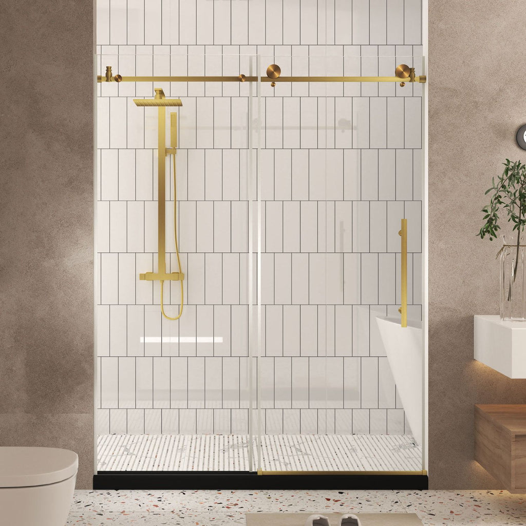 Frameless shower door 60 "W x 76" H, 1/4 "(6 mm) Clear Tempered Glass, Explosion Proof Film, Stainless Steel Handle,Brushed Gold