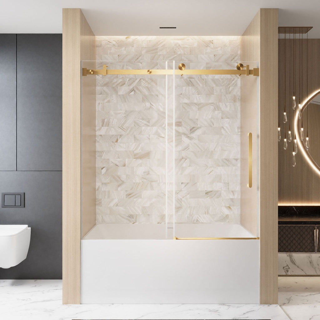 Frameless Single sliding shower door 56-60 "W x 60" H, 1/4 "(6 mm) Clear Tempered Glass, Explosion Proof Film, Stainless Steel Handle Square Tube Track ,Brushed Gold