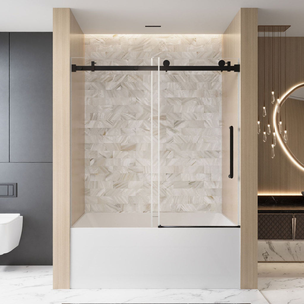 Frameless Single sliding shower door 56-60 "W x 60" H, 1/4 "(6 mm) Clear Tempered Glass, Explosion Proof Film, Stainless Steel Handle,Square Tube Track ,Matte Black