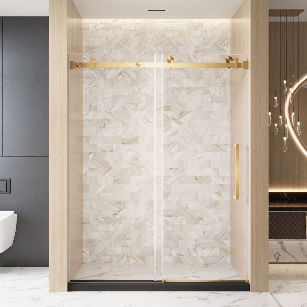 Frameless Single sliding shower door 60 "W x 76" H, 1/4 "(6 mm) Clear Tempered Glass, Explosion Proof Film, Stainless Steel Handle Square Tube Track ,Brushed Gold