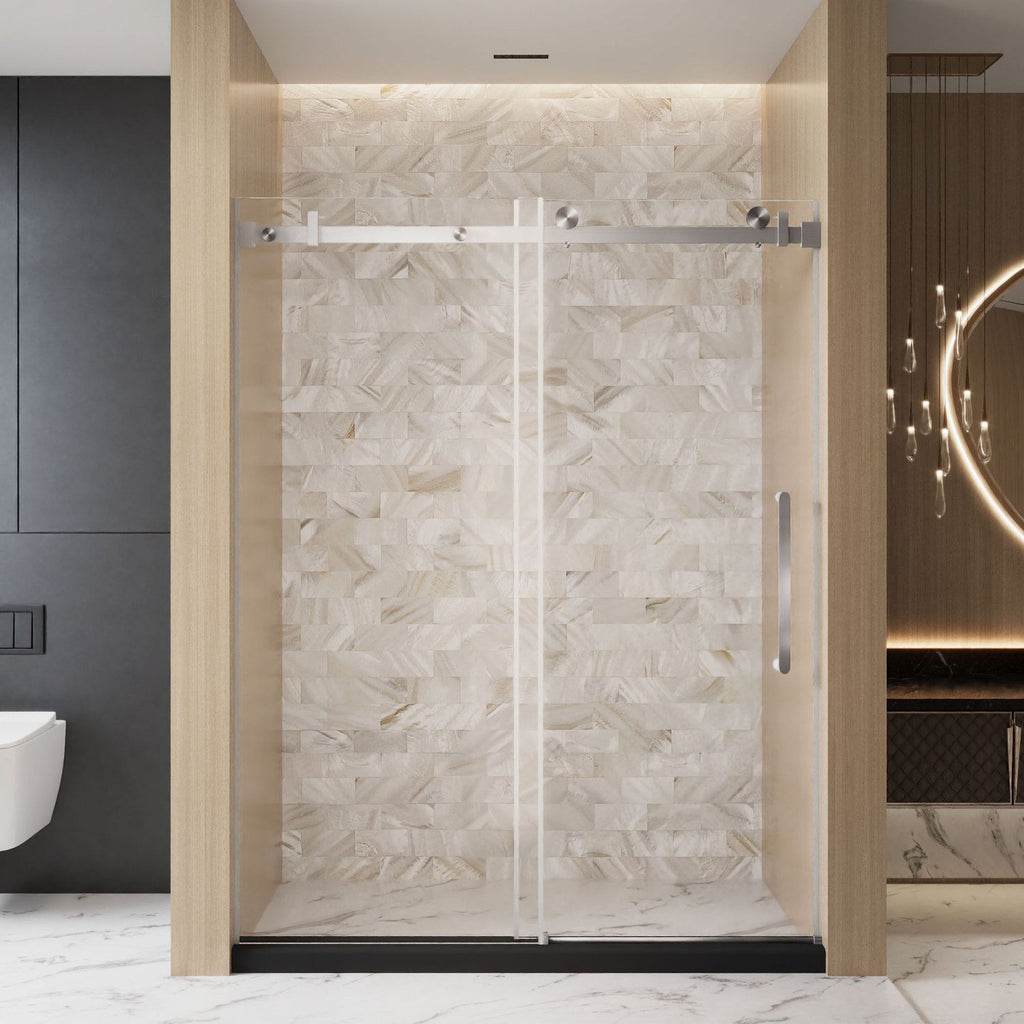 Frameless Single sliding shower door 60 "W x 76" H, 1/4 "(6 mm) Clear Tempered Glass, Explosion Proof Film, Stainless Steel Handle Square Tube Track Brushed Nickel