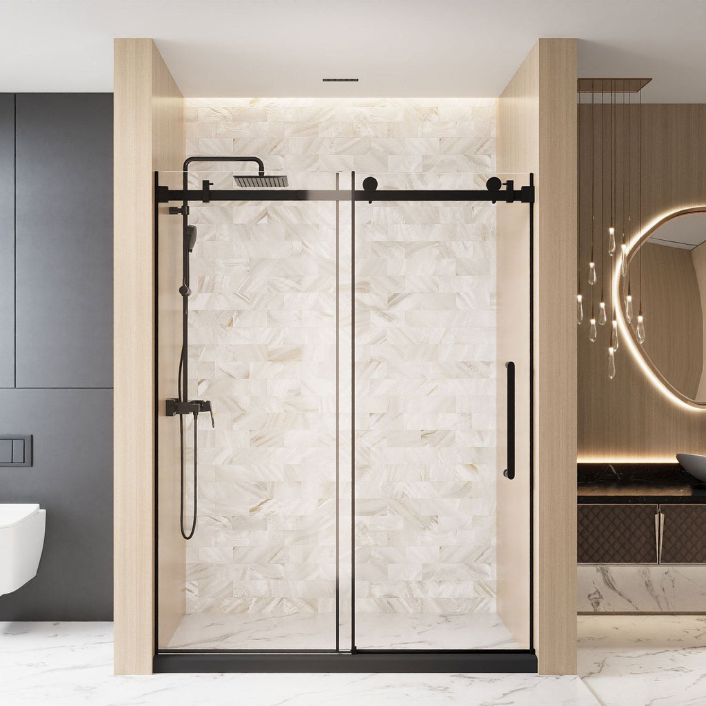Frameless Single sliding shower door 60 "W x 76" H, 1/4 "(6 mm) Clear Tempered Glass, Explosion Proof Film, Stainless Steel Handle Square Tube Track ,Matte Black
