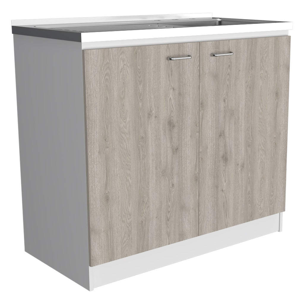 Freestanding Sink, Double Door Cabinet, Two Shelves, White / Light Gray