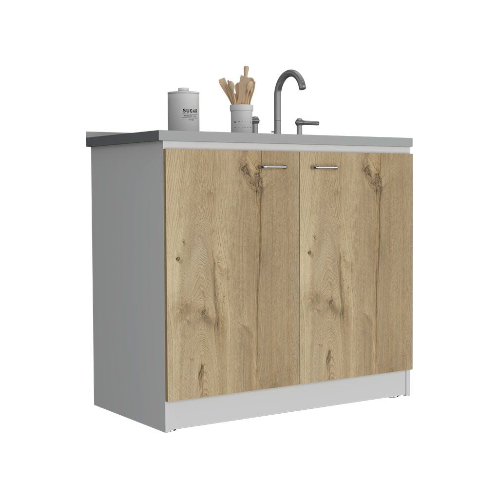 Freestanding Sink, Double Door Cabinet, Two Shelves, White / Light Oak