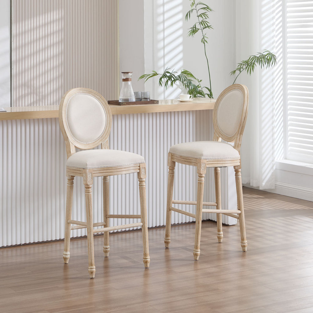 French Country 30'' Height Bar Chairs Set of 2, Upholstered Chairs with Round Back, Wire drawing and carving techniques ,Disassemblable , for Living Room, Kitchen , Restaurant Use, Beige